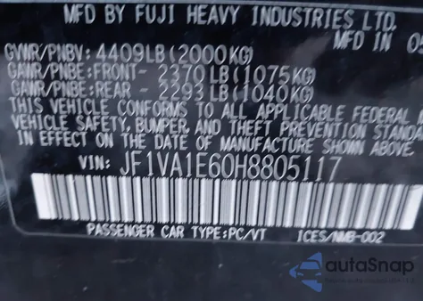 2017 Subaru Wrx Premium из США, поврежденный, VIN JF1VA1E60H8805117